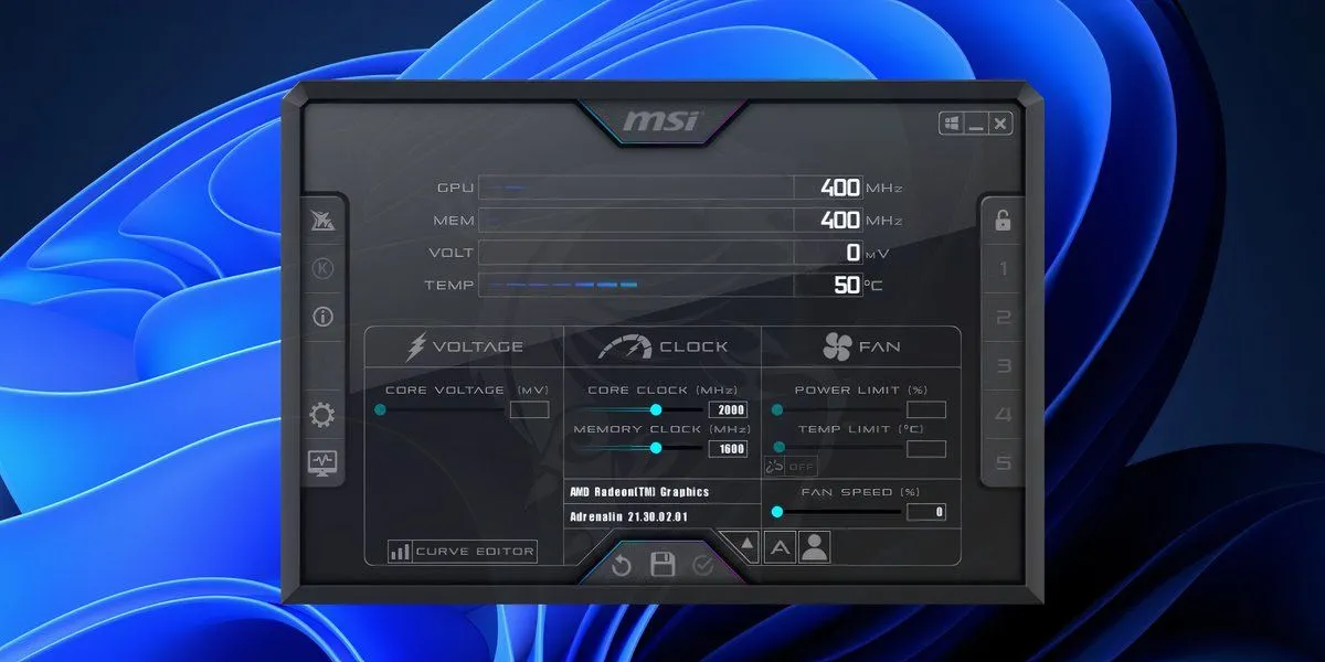 Giao diện chính của MSI Afterburner trên Windows 11, hiển thị các thông số ép xung và giám sát hiệu năng card đồ họa GPU.