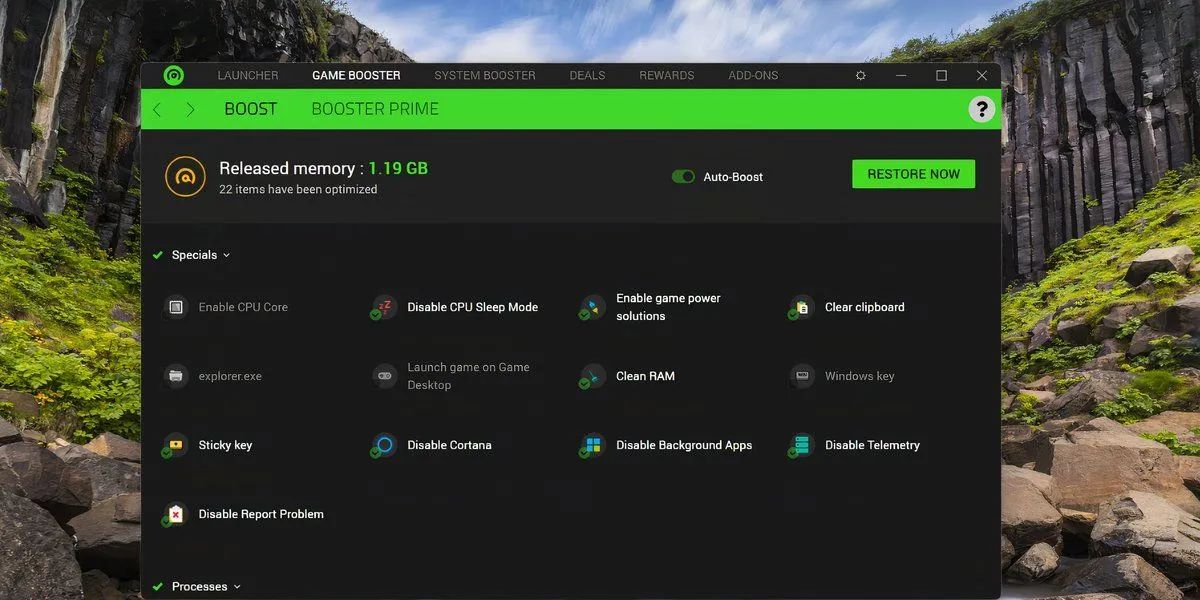 Giao diện chính của tính năng Game Booster trong ứng dụng Razer Cortex trên Windows 11, hiển thị tùy chọn tối ưu hóa hiệu suất chơi game.