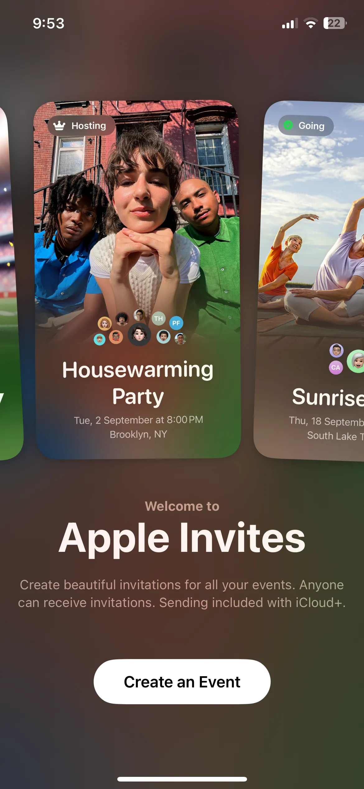 Giao diện chính của ứng dụng Apple Invites trên iPhone