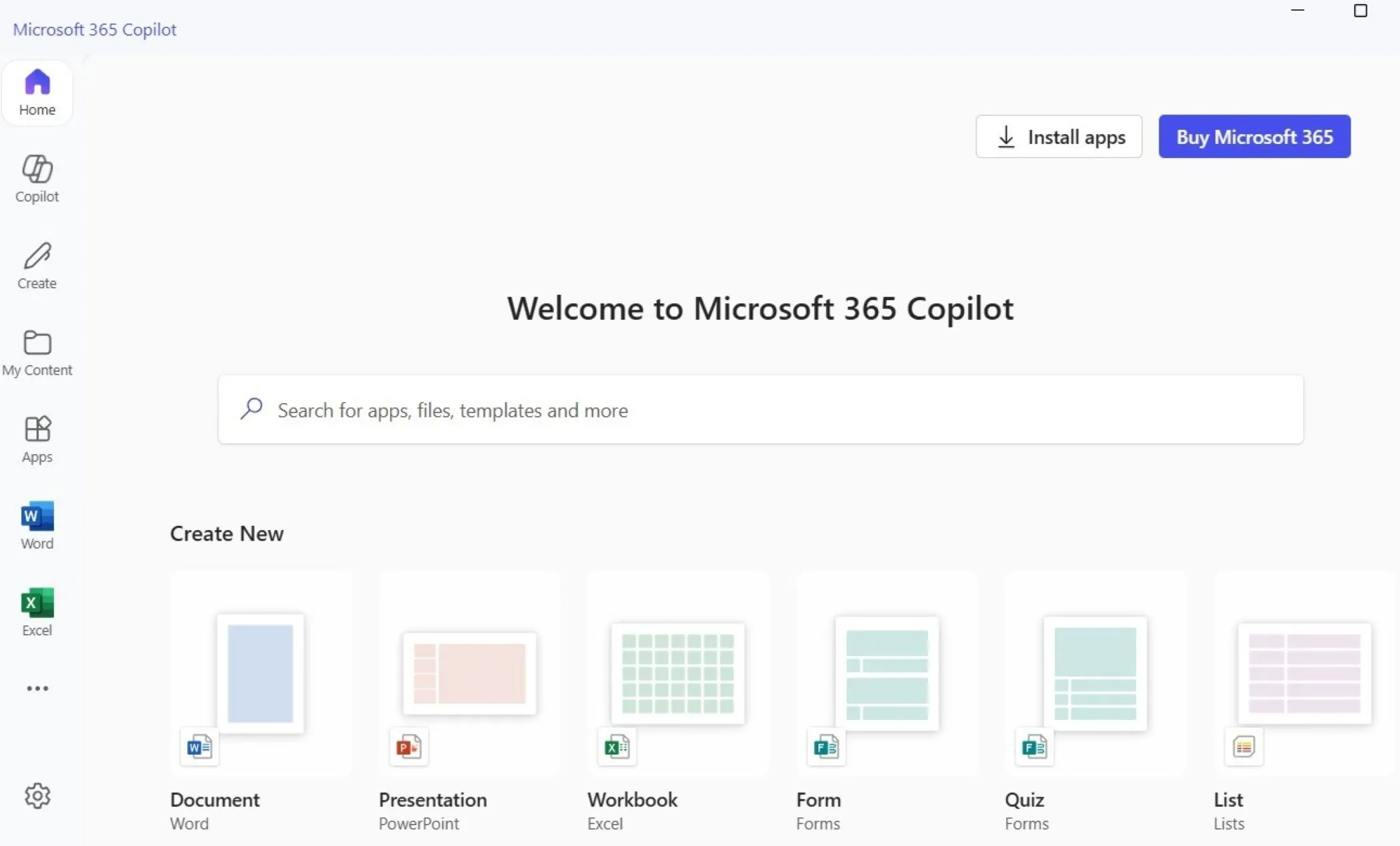 Giao diện chính của ứng dụng Microsoft 365 Copilot, thể hiện khả năng tích hợp AI trong các phần mềm văn phòng