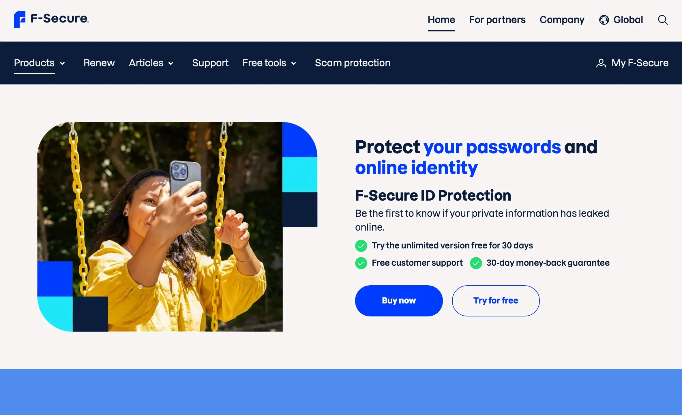 Giao diện chính dịch vụ bảo vệ danh tính F-Secure ID Protection