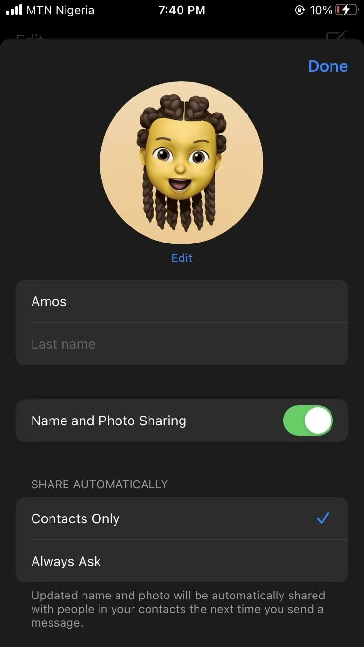 Giao diện chỉnh sửa chi tiết iMessage trên iPhone không có Face ID, minh họa sự thiếu hụt các tính năng dựa trên nhận diện khuôn mặt