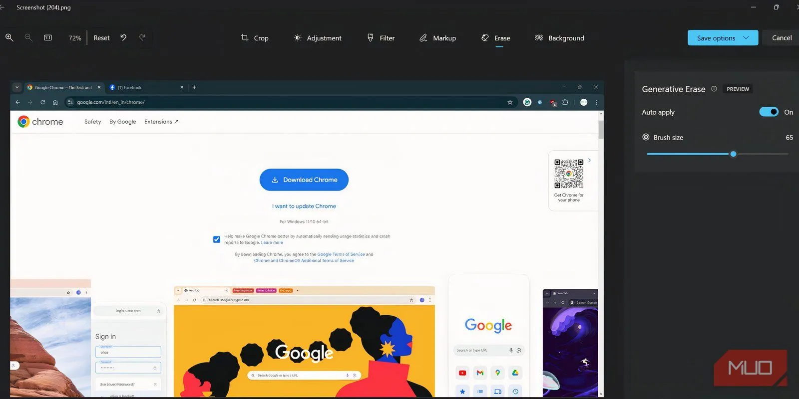 Giao diện chỉnh sửa của ứng dụng Microsoft Photos với tùy chọn Xóa Tạo Sinh (Generative Erase) được chọn.