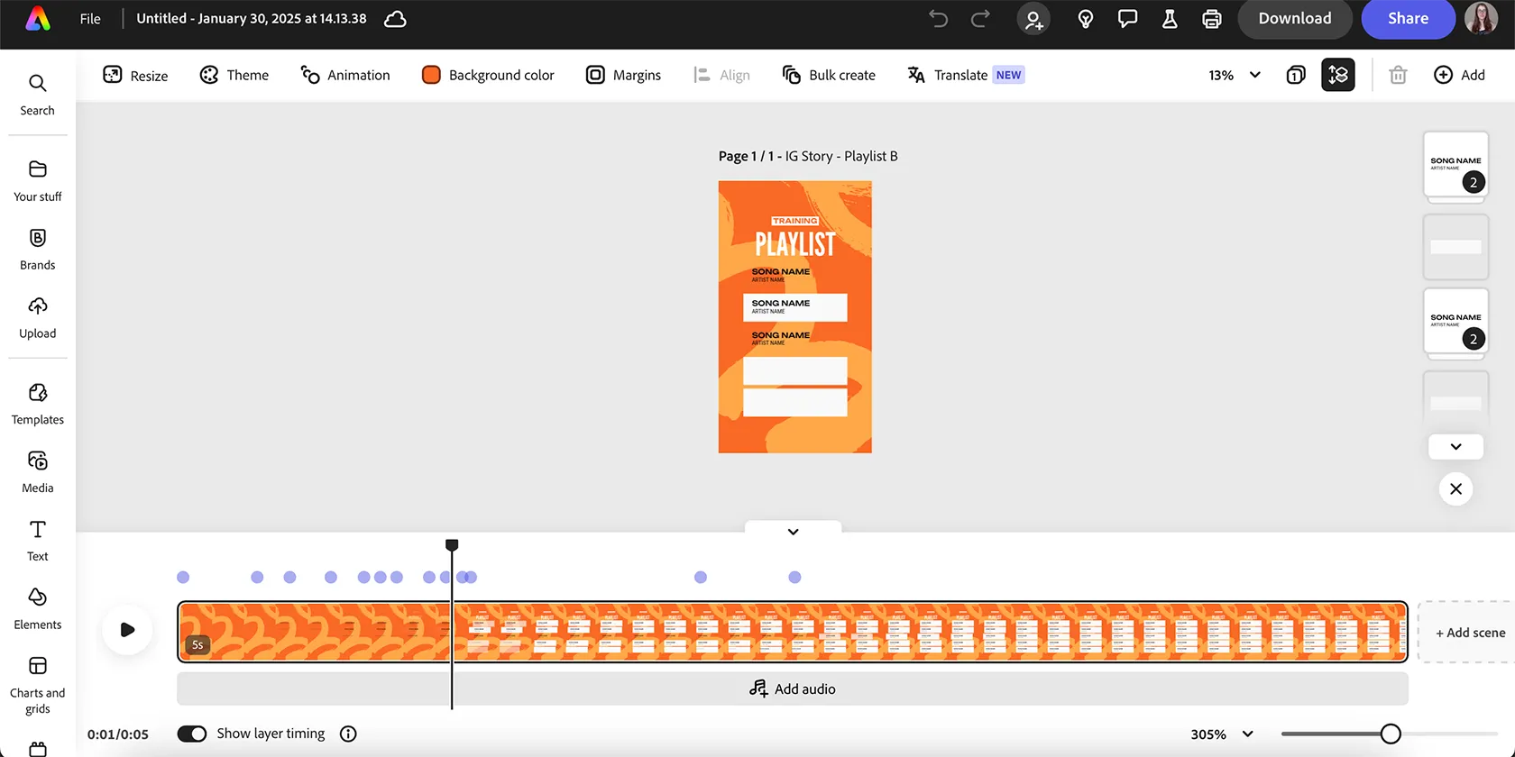 Giao diện chỉnh sửa video trên Adobe Express với timeline