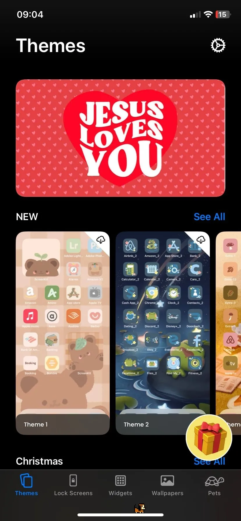 Giao diện chính ứng dụng ScreenKit hiển thị các gói biểu tượng và chủ đề thiết kế cho iPhone