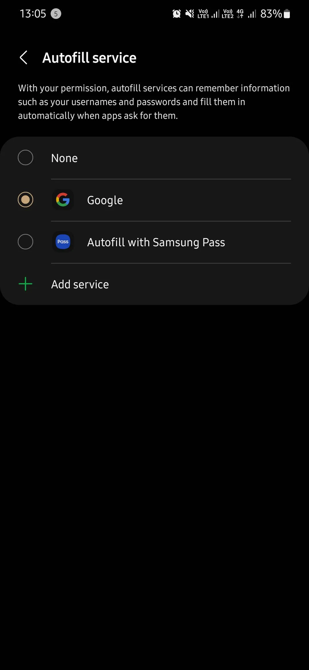 Giao diện chọn 'Google' làm dịch vụ tự động điền mặc định trên điện thoại Samsung