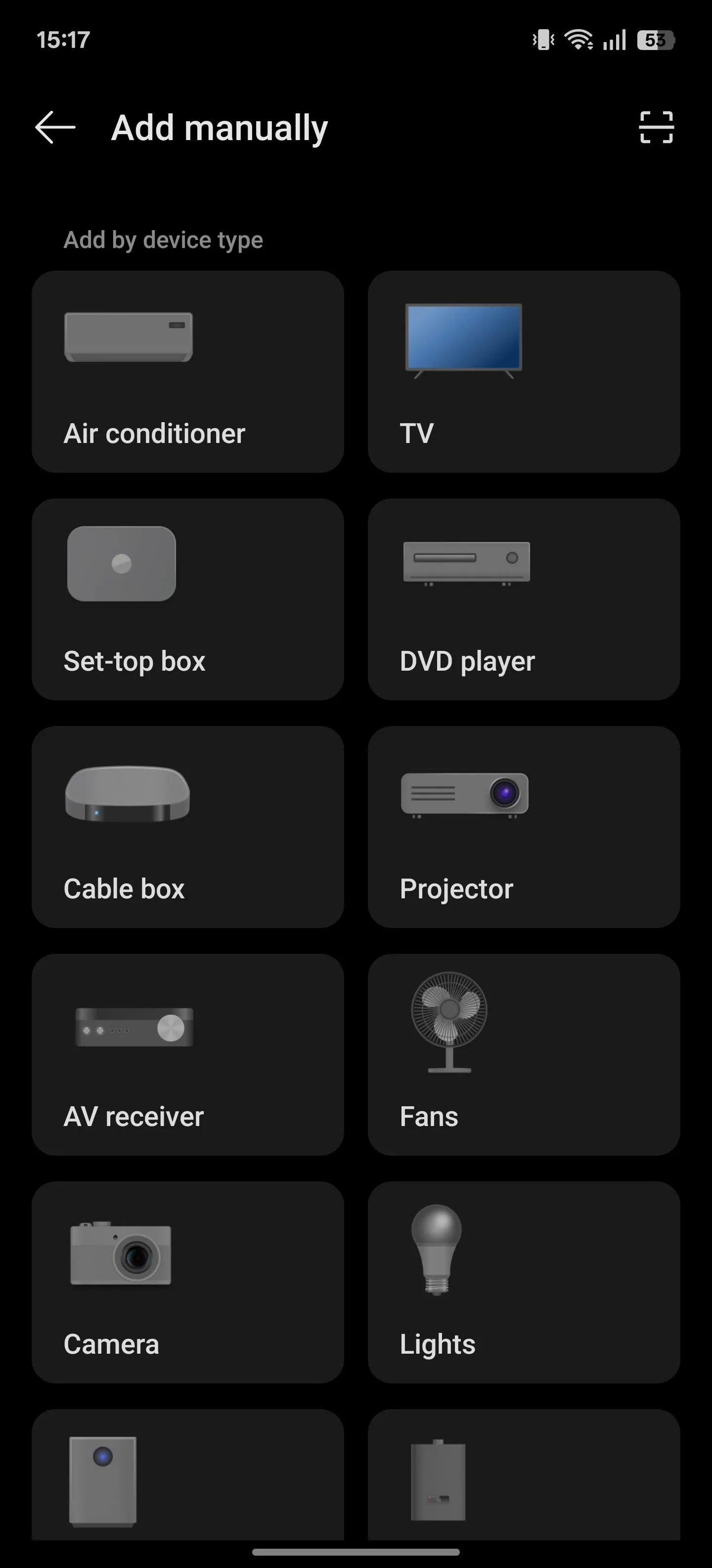 Giao diện chọn loại thiết bị (TV, điều hòa, quạt) trong ứng dụng điều khiển hồng ngoại của OnePlus.