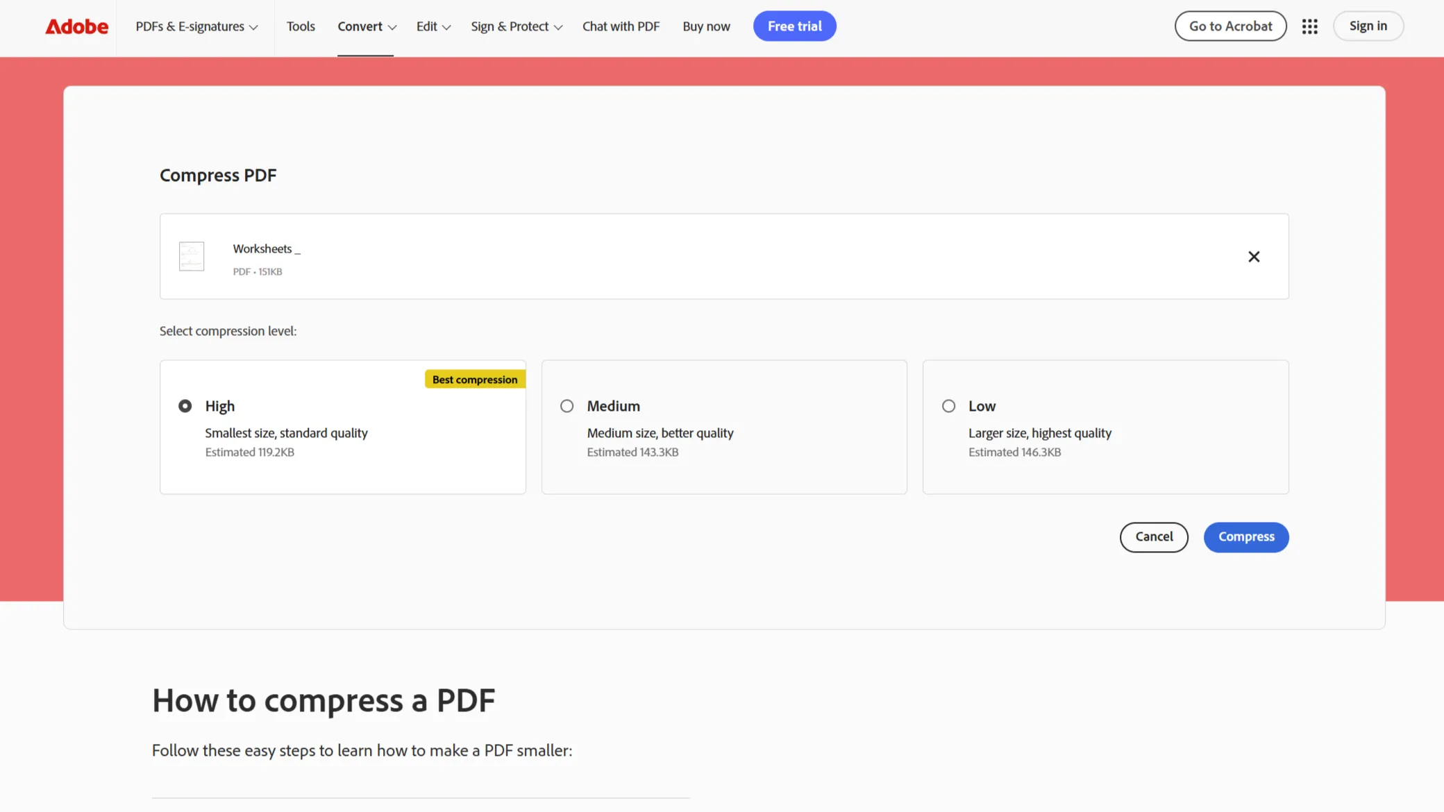 Giao diện công cụ nén PDF online của Adobe với các tùy chọn chất lượng.