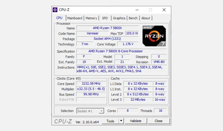 Giao diện CPU-Z hiển thị các thông số tần số xung nhịp của CPU như Core Speed, Multiplier và Bus Frequency