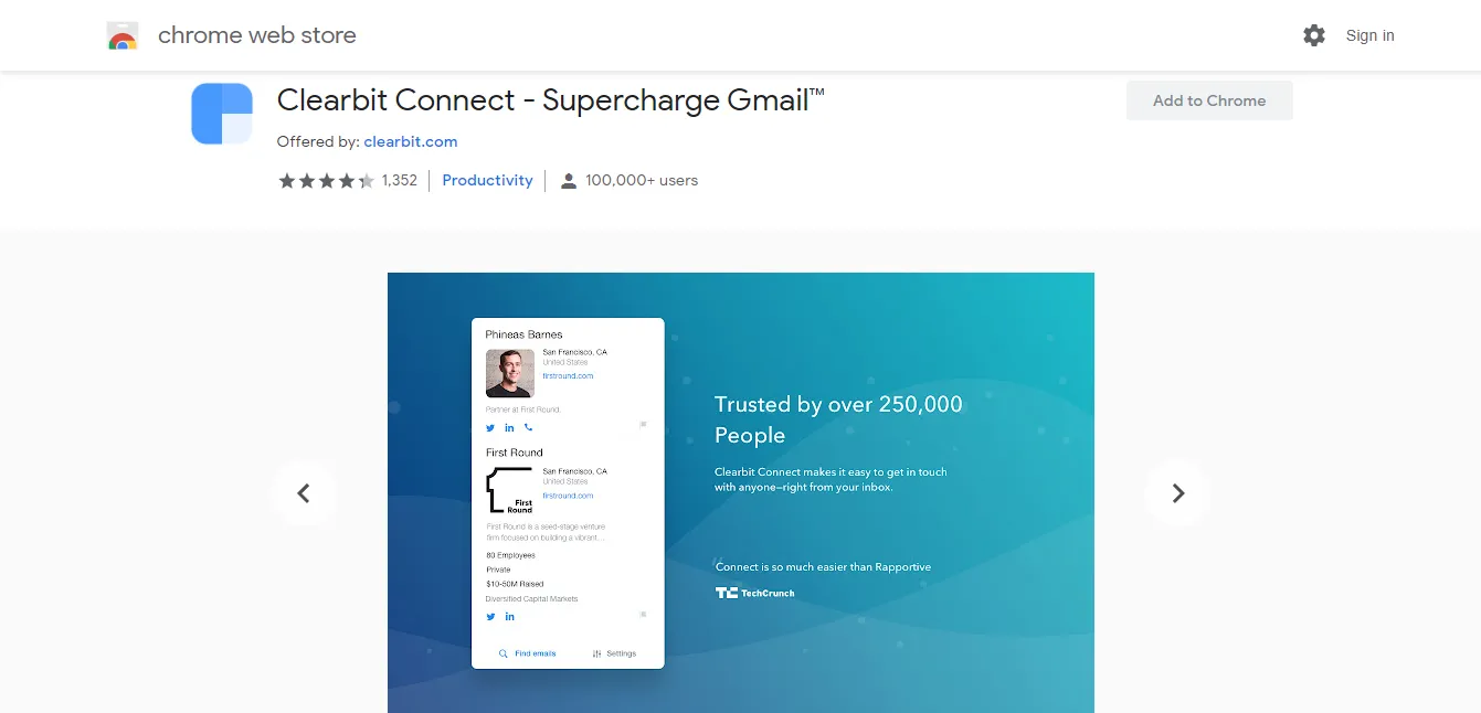 Giao diện của tiện ích mở rộng Clearbit Connect trên Chrome Web Store, minh họa phần đánh giá và thông tin cập nhật sản phẩm.