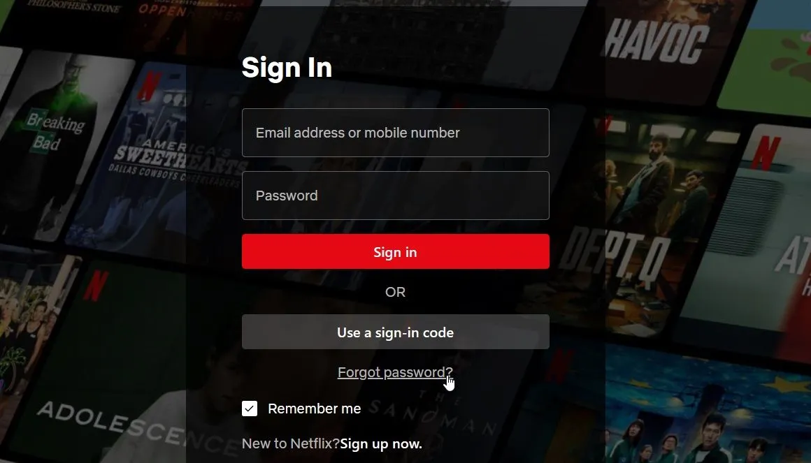 Giao diện đăng nhập Netflix hiển thị tùy chọn "Forgot Password?" (Quên mật khẩu?) để người dùng khôi phục tài khoản.