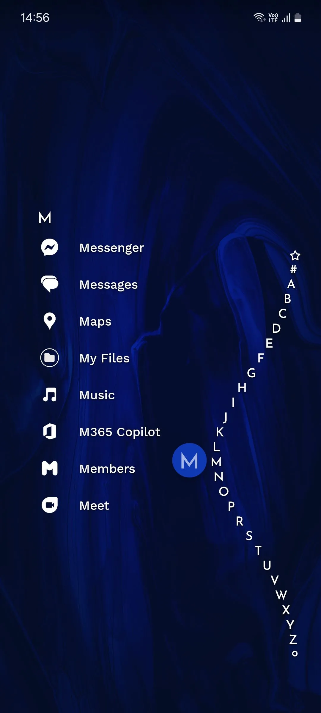 Giao diện danh sách ứng dụng theo chữ cái của Niagara Launcher trên Android