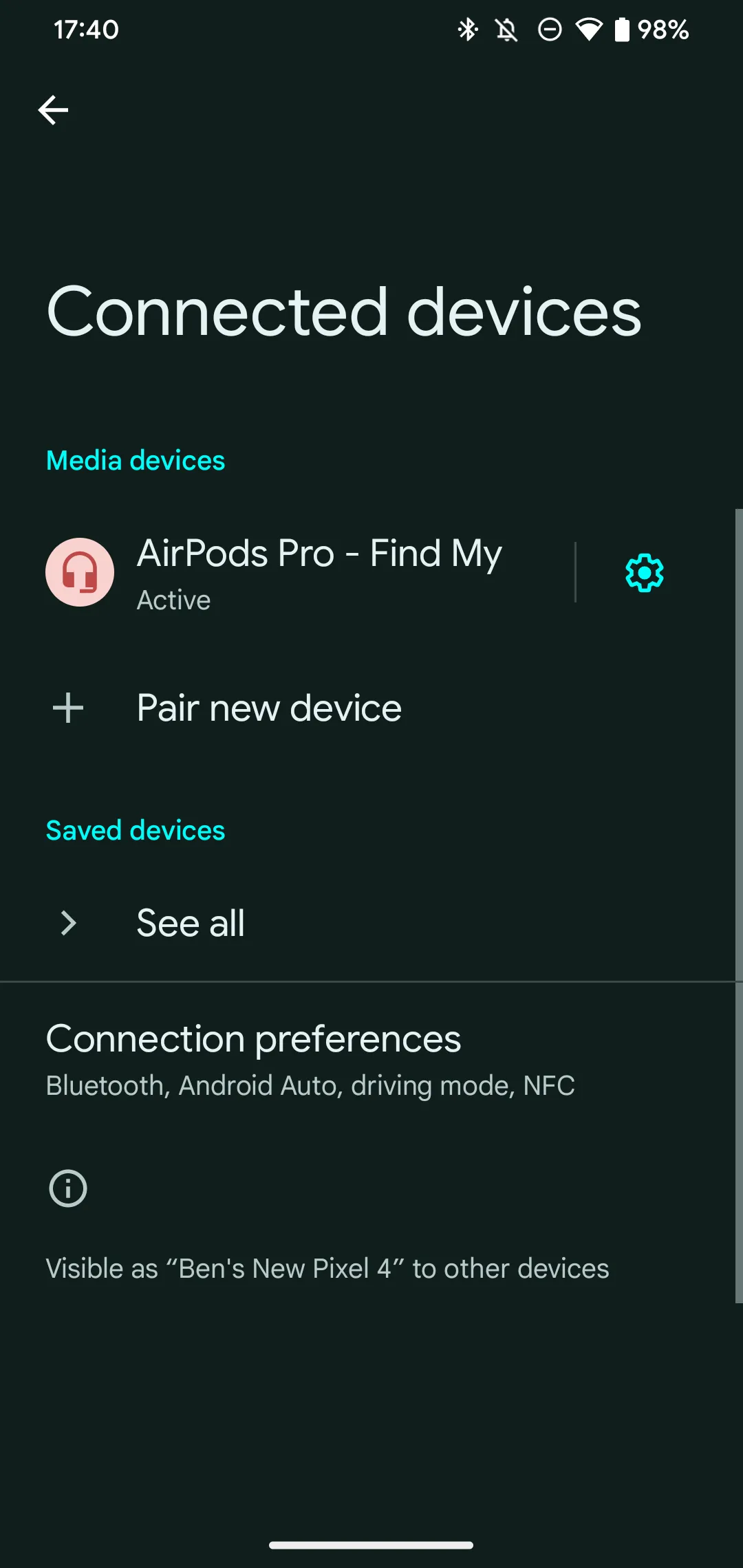 Giao diện điện thoại Android hiển thị AirPods đã được ghép nối thành công trong danh sách thiết bị Bluetooth
