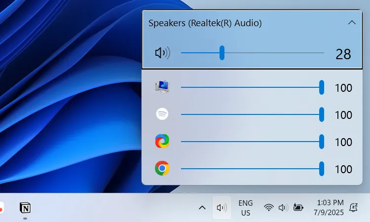 Giao diện điều khiển âm thanh của EarTrumpet trên Windows 11
