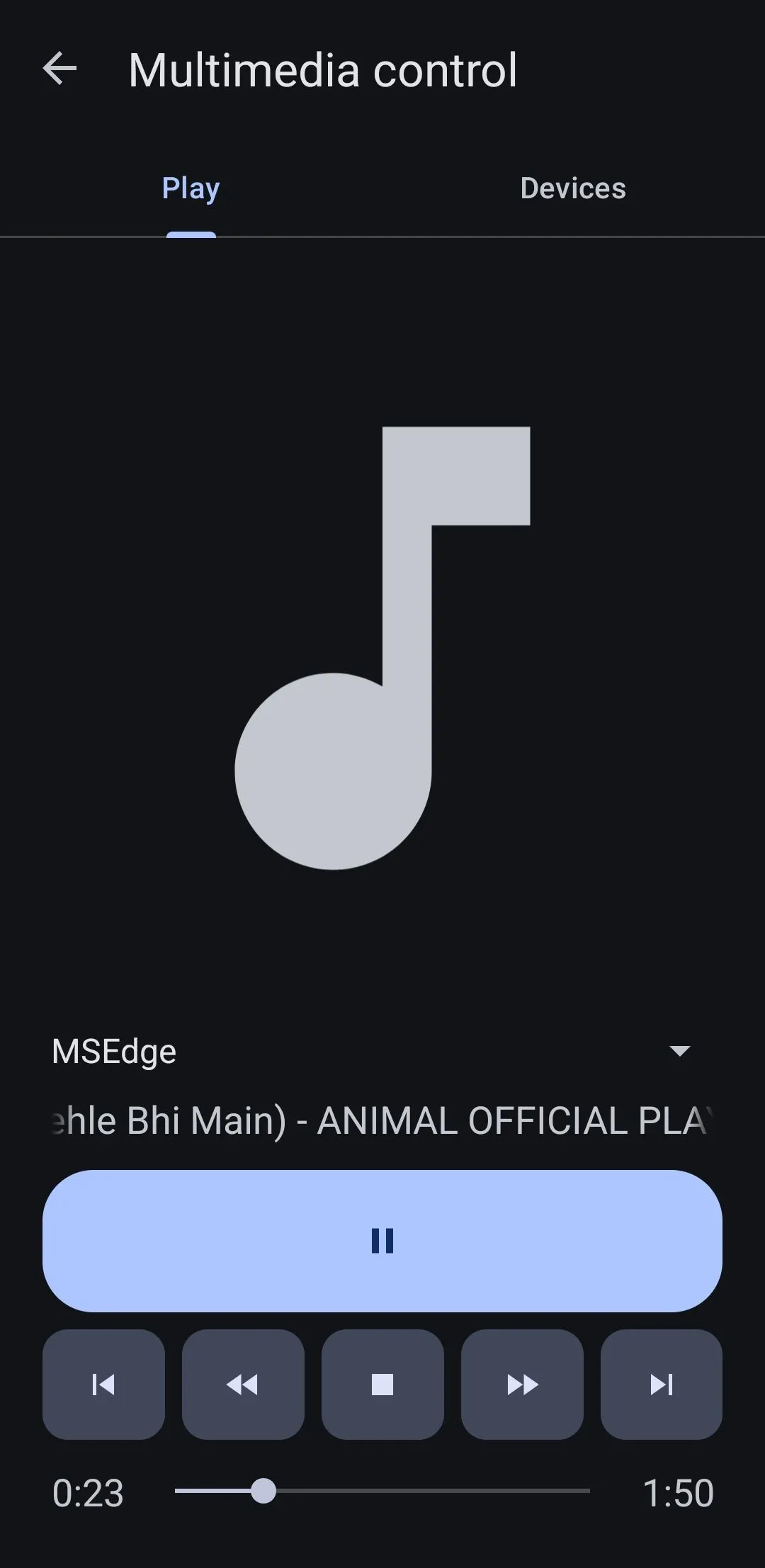Giao diện điều khiển trình phát nhạc của KDE Connect trên điện thoại Android.