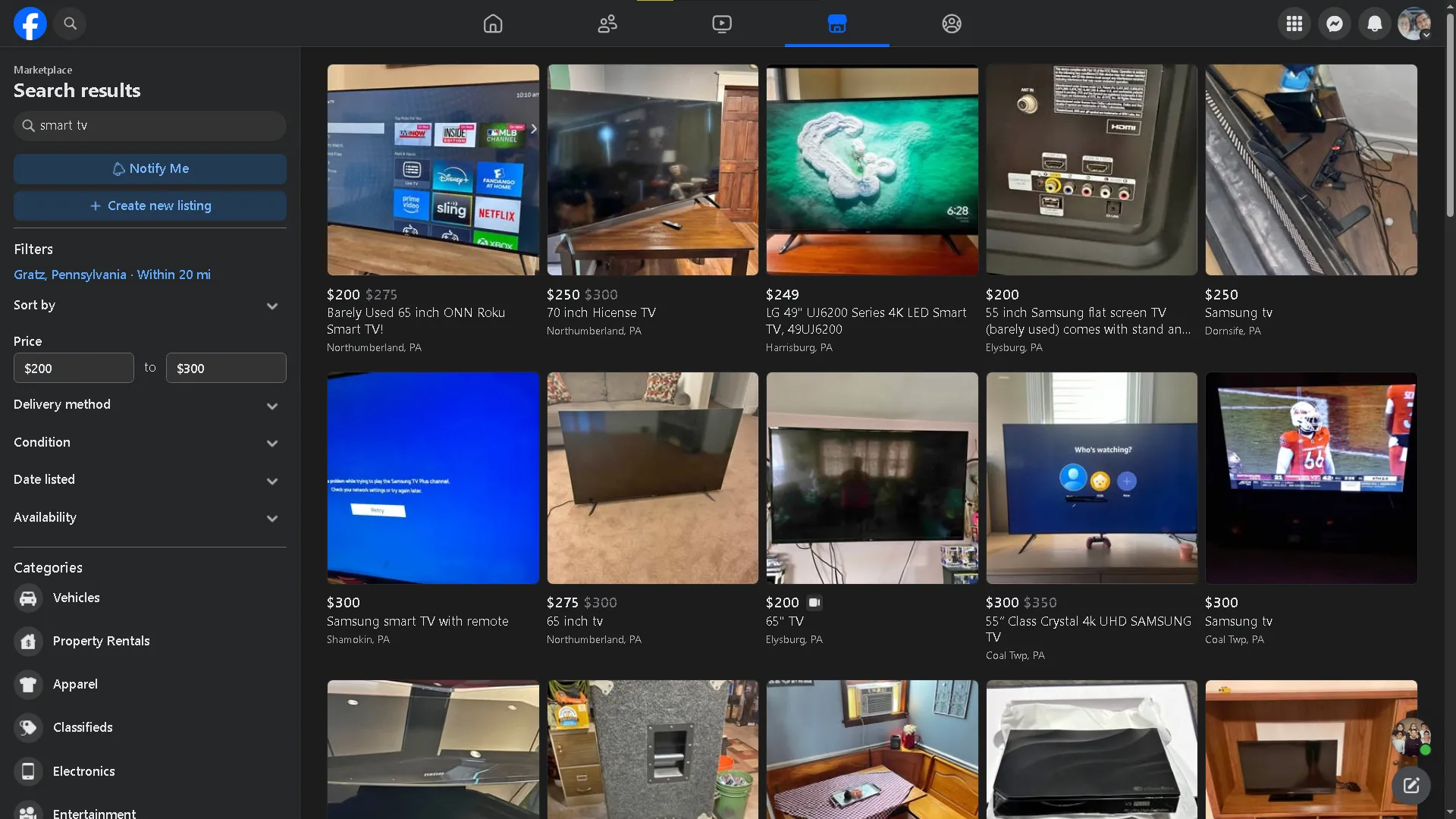 Giao diện Facebook Marketplace đang tìm kiếm Smart TV giá rẻ