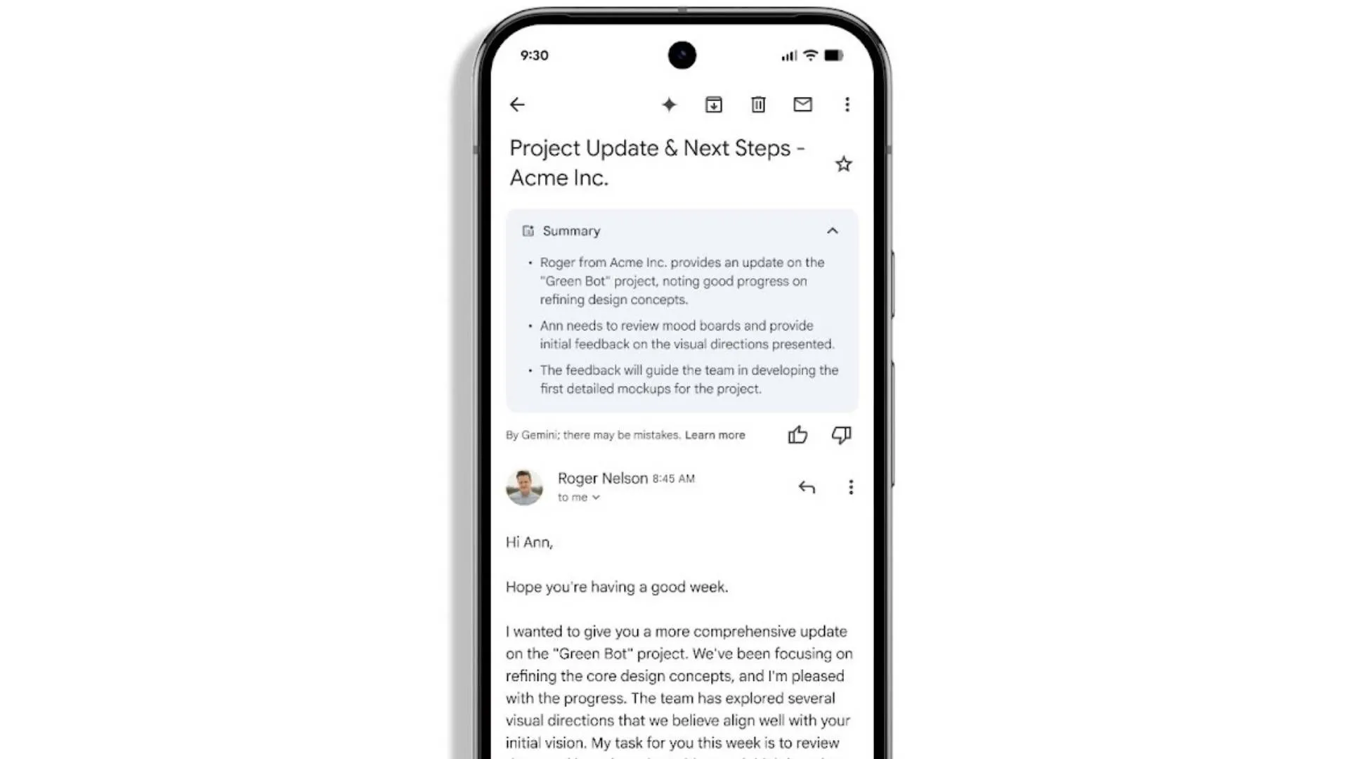 Giao diện Gmail trên điện thoại thông minh hiển thị thẻ tóm tắt email tự động từ Gemini AI