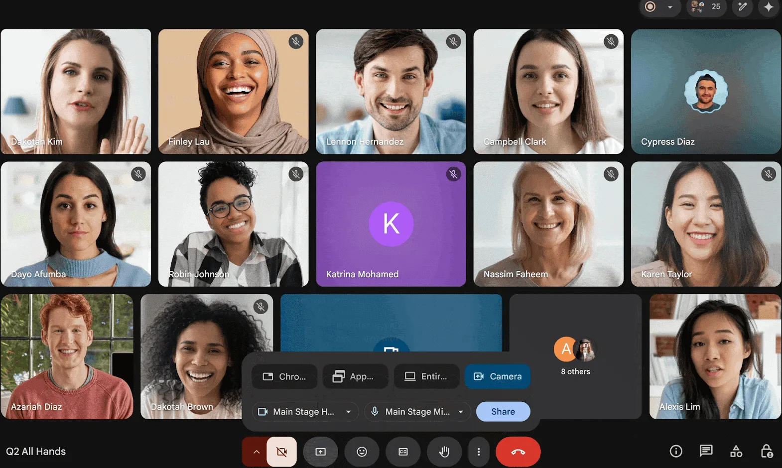 Giao diện Google Meet hiển thị tùy chọn trình chiếu trực tiếp từ camera ngoài