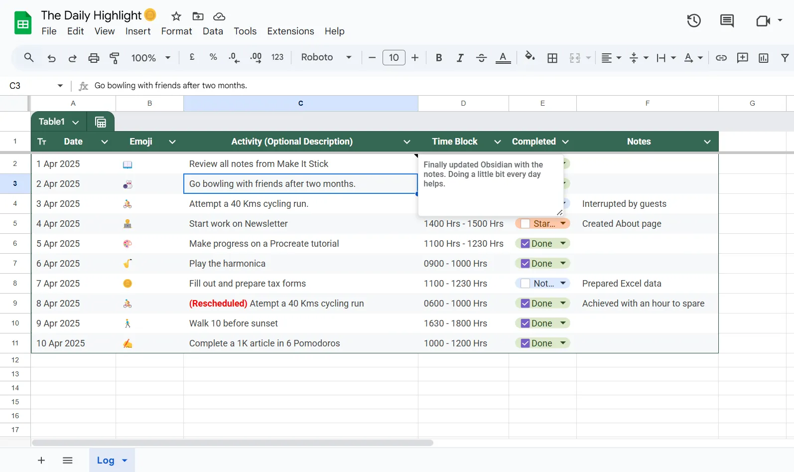 Giao diện Google Sheets hiển thị &quot;Điểm Nhấn Hàng Ngày&quot; với các nhiệm vụ được ưu tiên theo cấp độ Khẩn cấp, Thỏa mãn và Vui vẻ