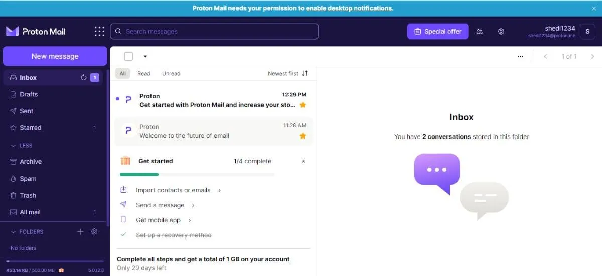 Giao diện hộp thư Proton Mail trên máy tính với thiết kế hiện đại và gọn gàng