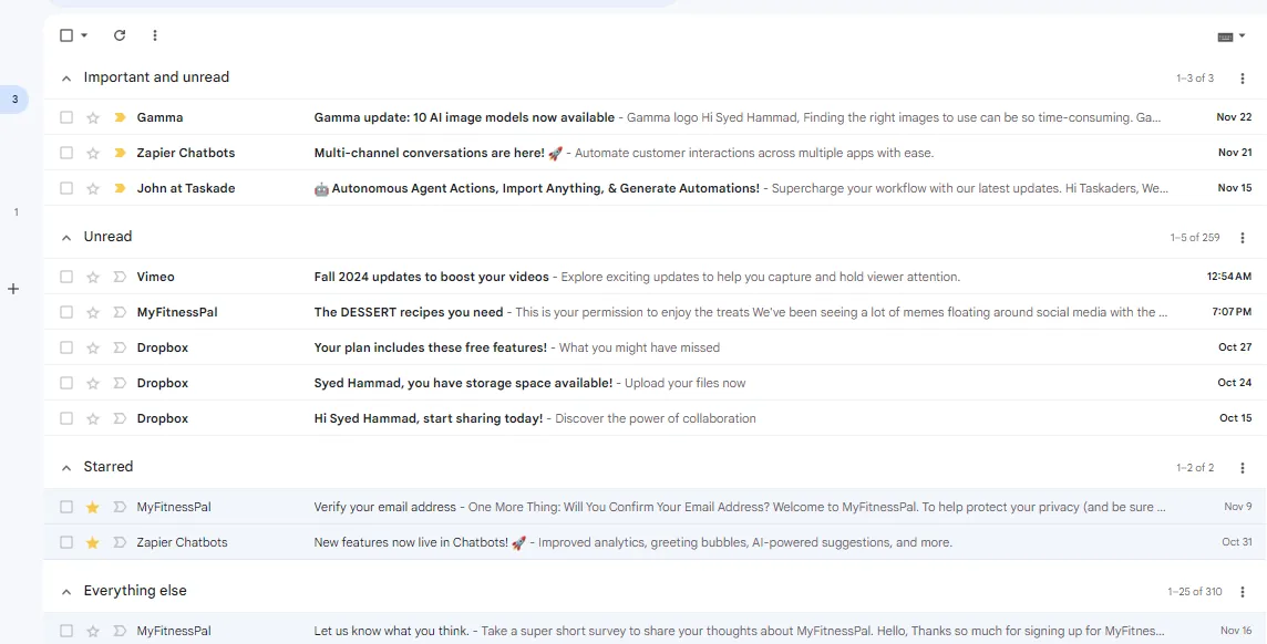 Giao diện hộp thư ưu tiên của Gmail với khả năng phân loại email thông minh
