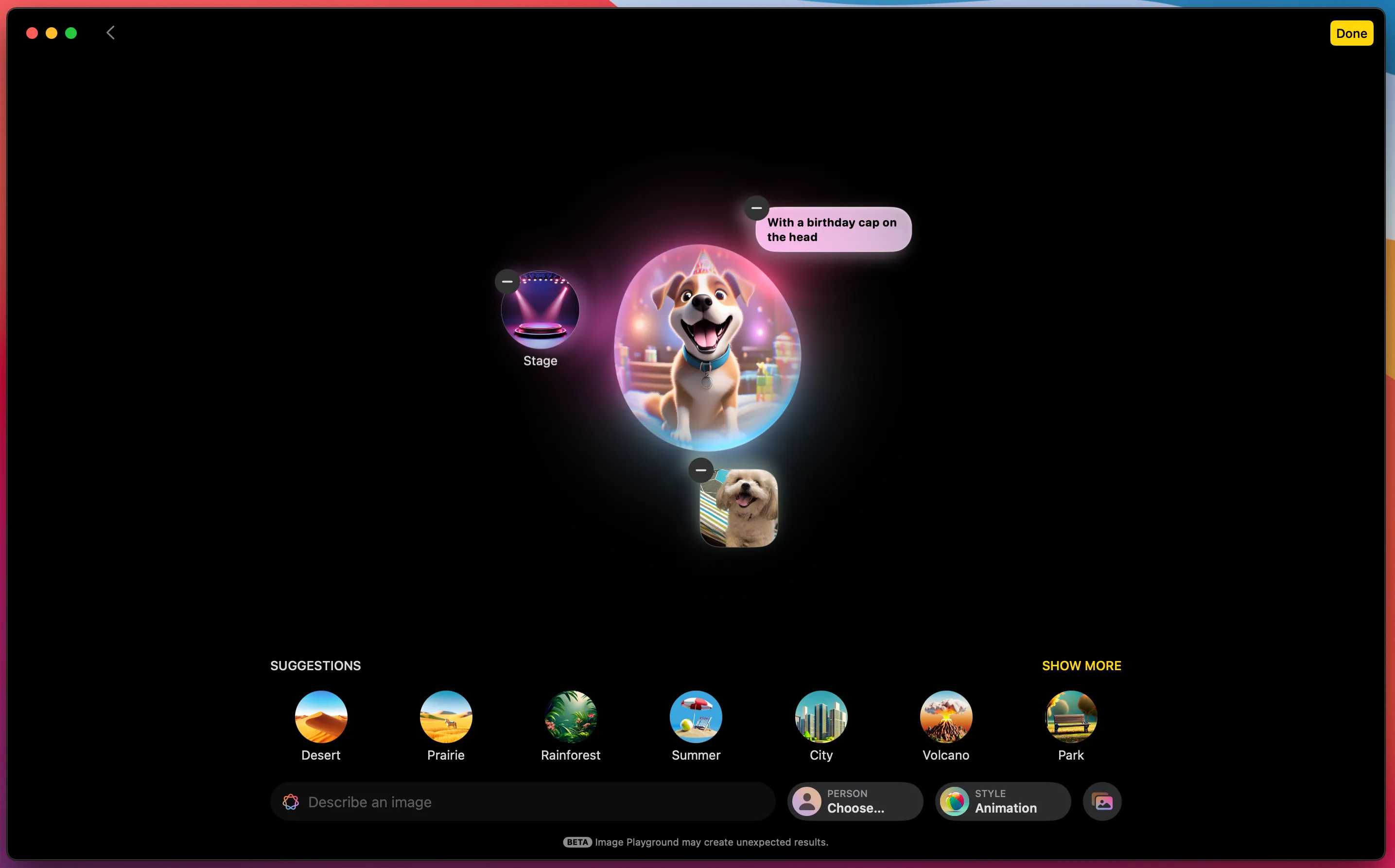 Giao diện Image Playground của Apple Intelligence tạo hình ảnh AI một chú chó hoạt hình dựa trên mô tả văn bản.