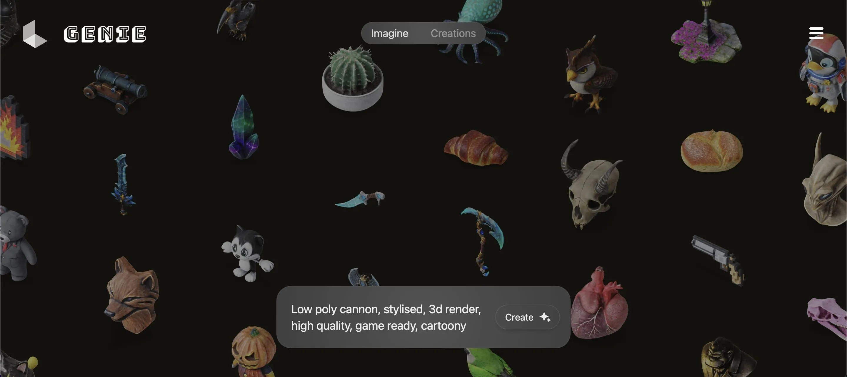 Giao diện Luma 3D Genie hiển thị quá trình tạo mô hình 3D từ văn bản, minh họa khả năng render nhanh chóng của AI.