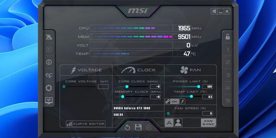 Giao diện MSI Afterburner hiển thị Core Clock và Memory Clock, cho thấy trạng thái ép xung của GPU
