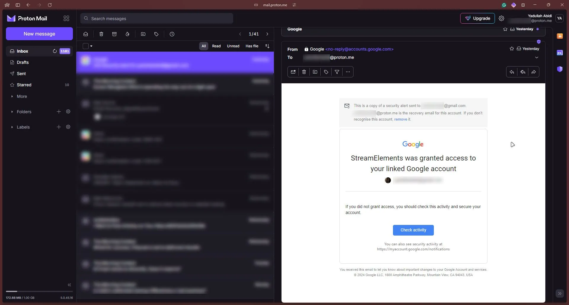 Giao diện người dùng của ứng dụng email bảo mật Proton Mail