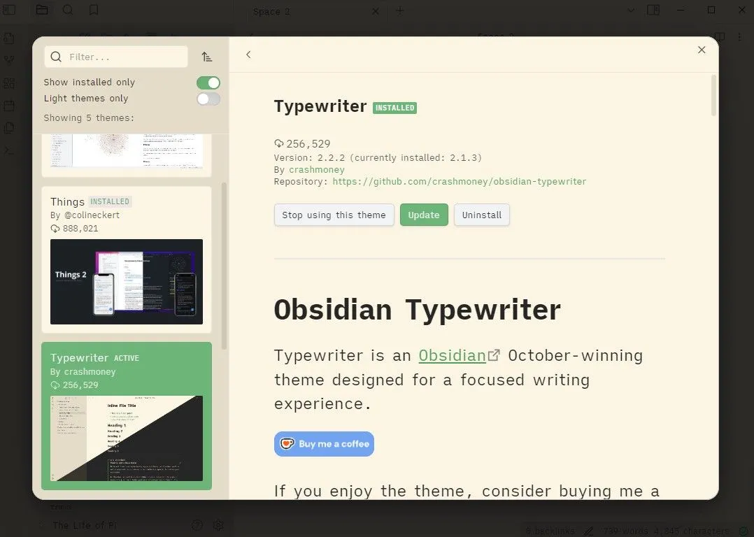 Giao diện Obsidian áp dụng Typewriter theme màu trắng, mô phỏng máy đánh chữ cổ điển