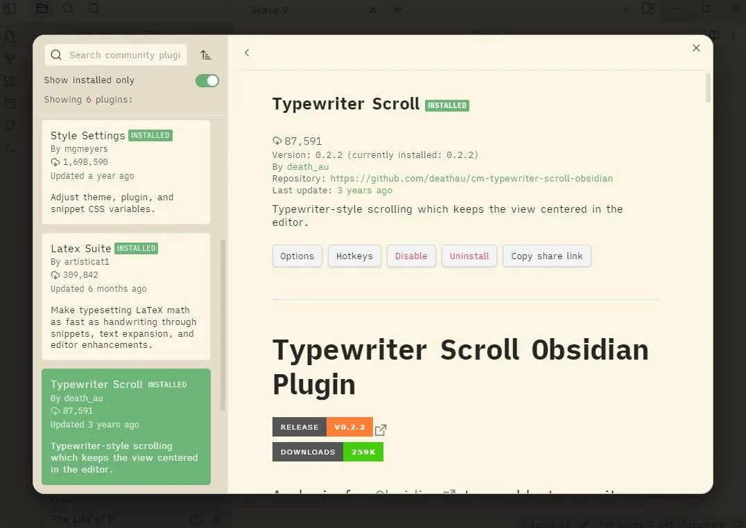 Giao diện Obsidian với plugin Typewriter Scroll hoạt động, giữ dòng viết hiện tại ở trung tâm màn hình