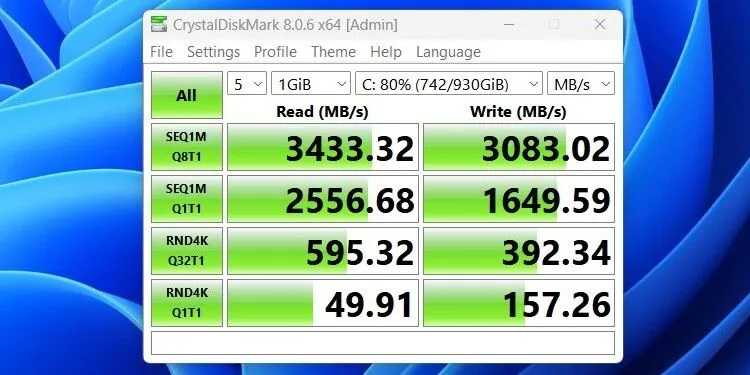 Giao diện phần mềm CrystalDiskMark hiển thị kết quả benchmark tốc độ đọc ghi của ổ cứng SSD.