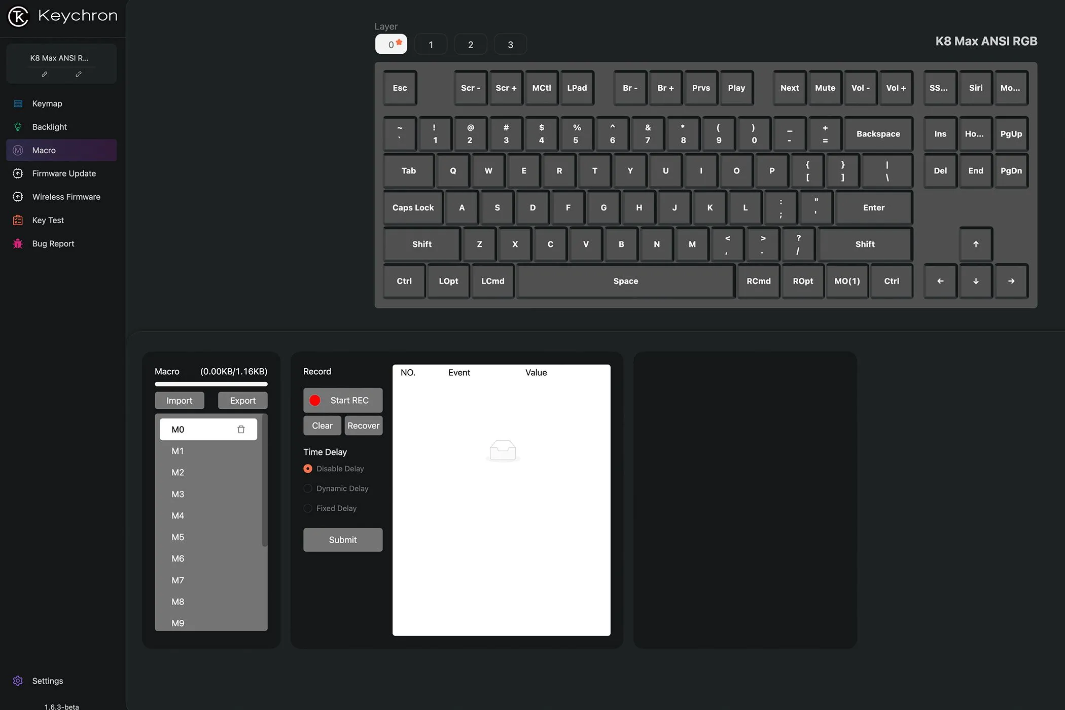 Giao diện phần mềm Keychron Launcher cho phép tùy chỉnh macro, nâng cao trải nghiệm người dùng.