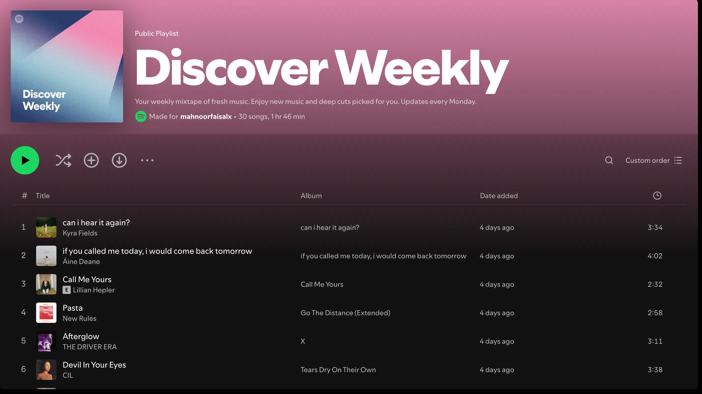 Giao diện playlist Discover Weekly của Spotify với các bản nhạc được đề xuất cá nhân hóa.