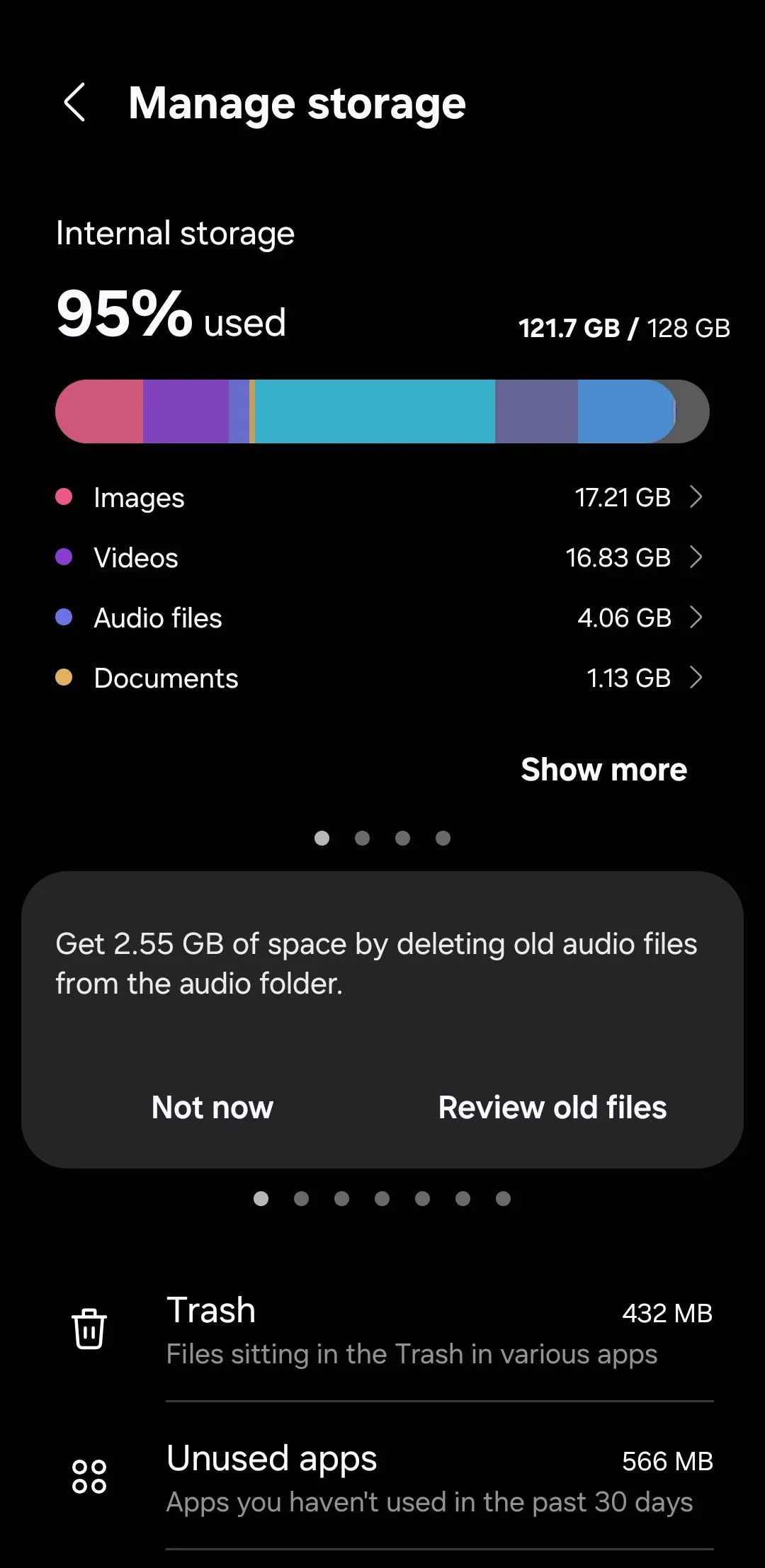 Giao diện quản lý bộ nhớ hiển thị mục "Thùng rác" trên điện thoại Samsung One UI
