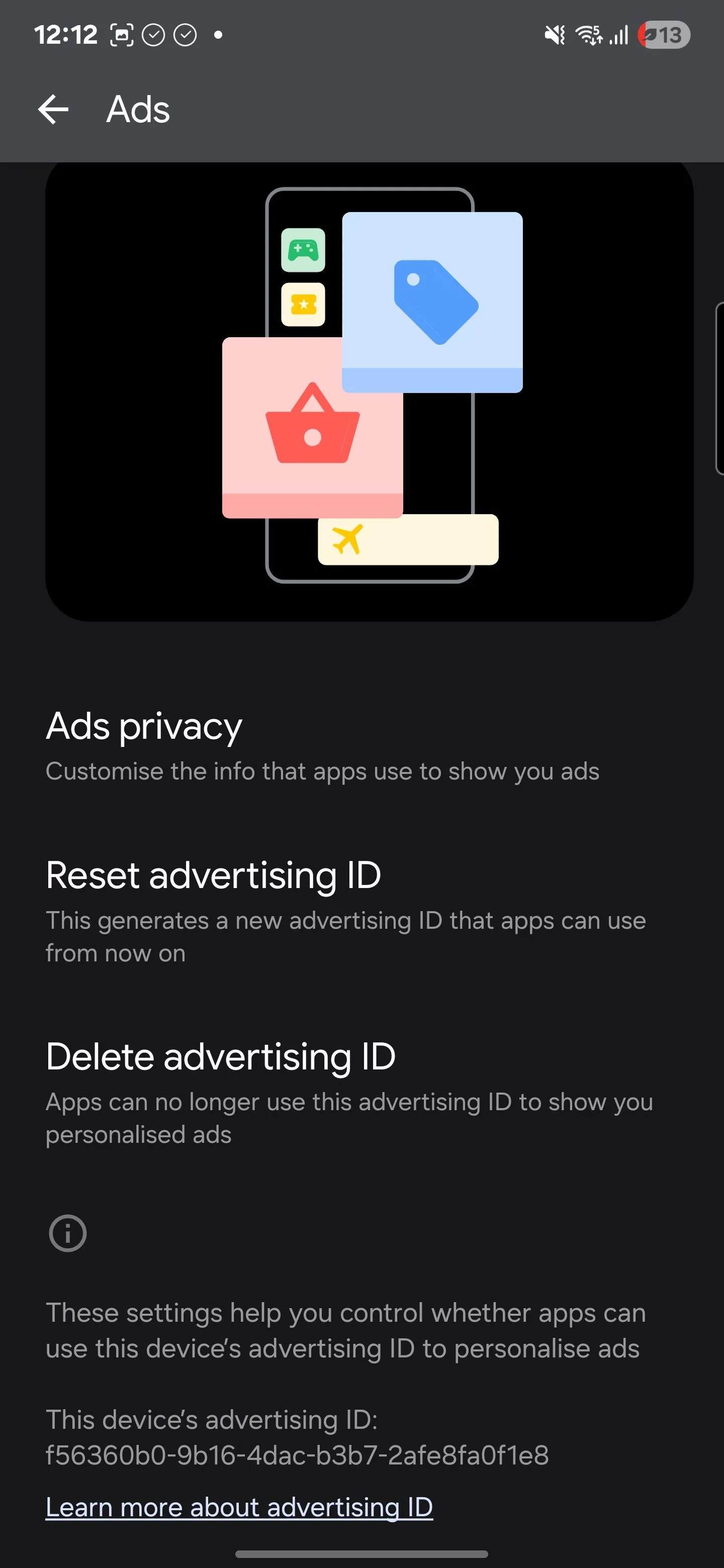 Giao diện quản lý &quot;Quảng cáo&quot; trong cài đặt Google trên Android, hiển thị tùy chọn &quot;Xóa ID quảng cáo&quot;, cho phép người dùng kiểm soát cá nhân hóa quảng cáo và bảo vệ quyền riêng tư.