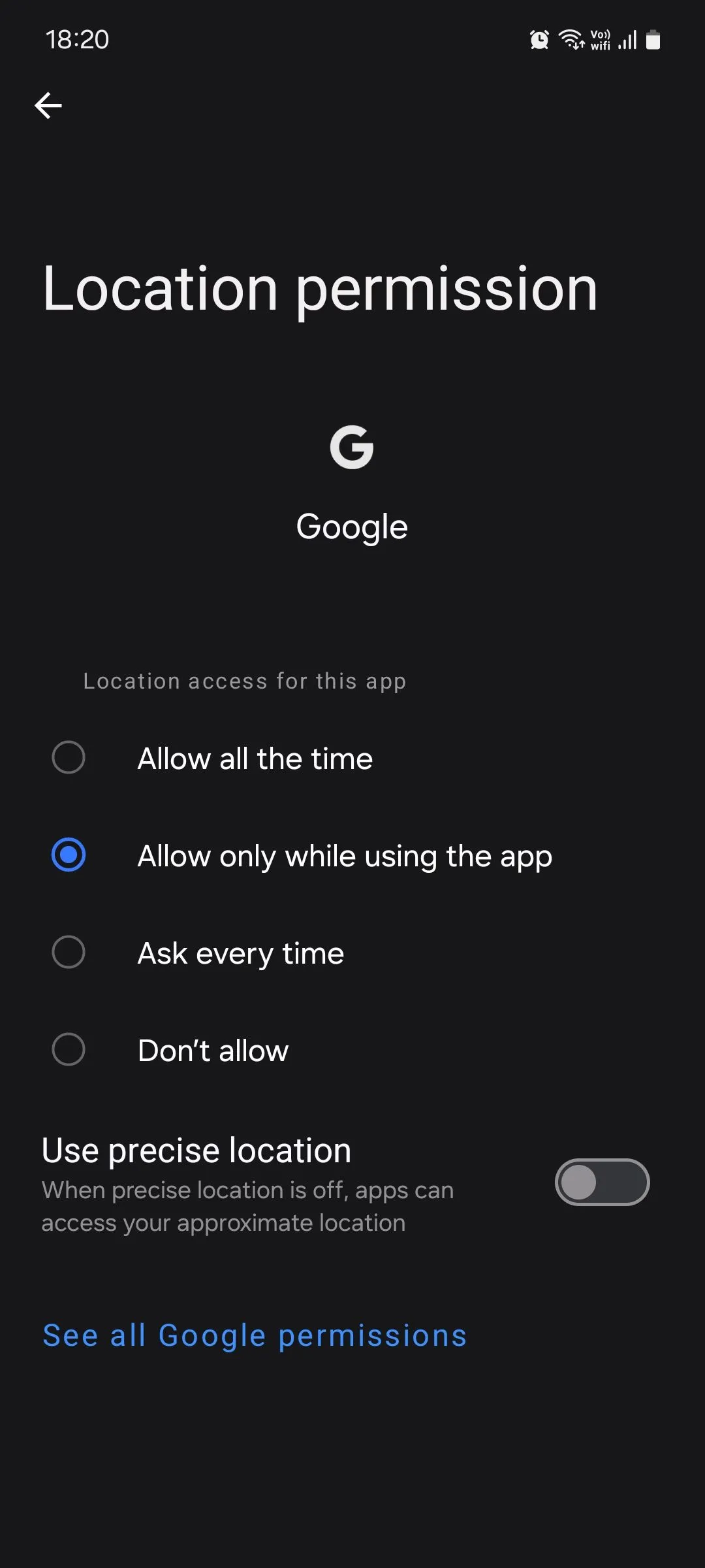 Giao diện quản lý quyền vị trí cho ứng dụng cụ thể trên Samsung One UI