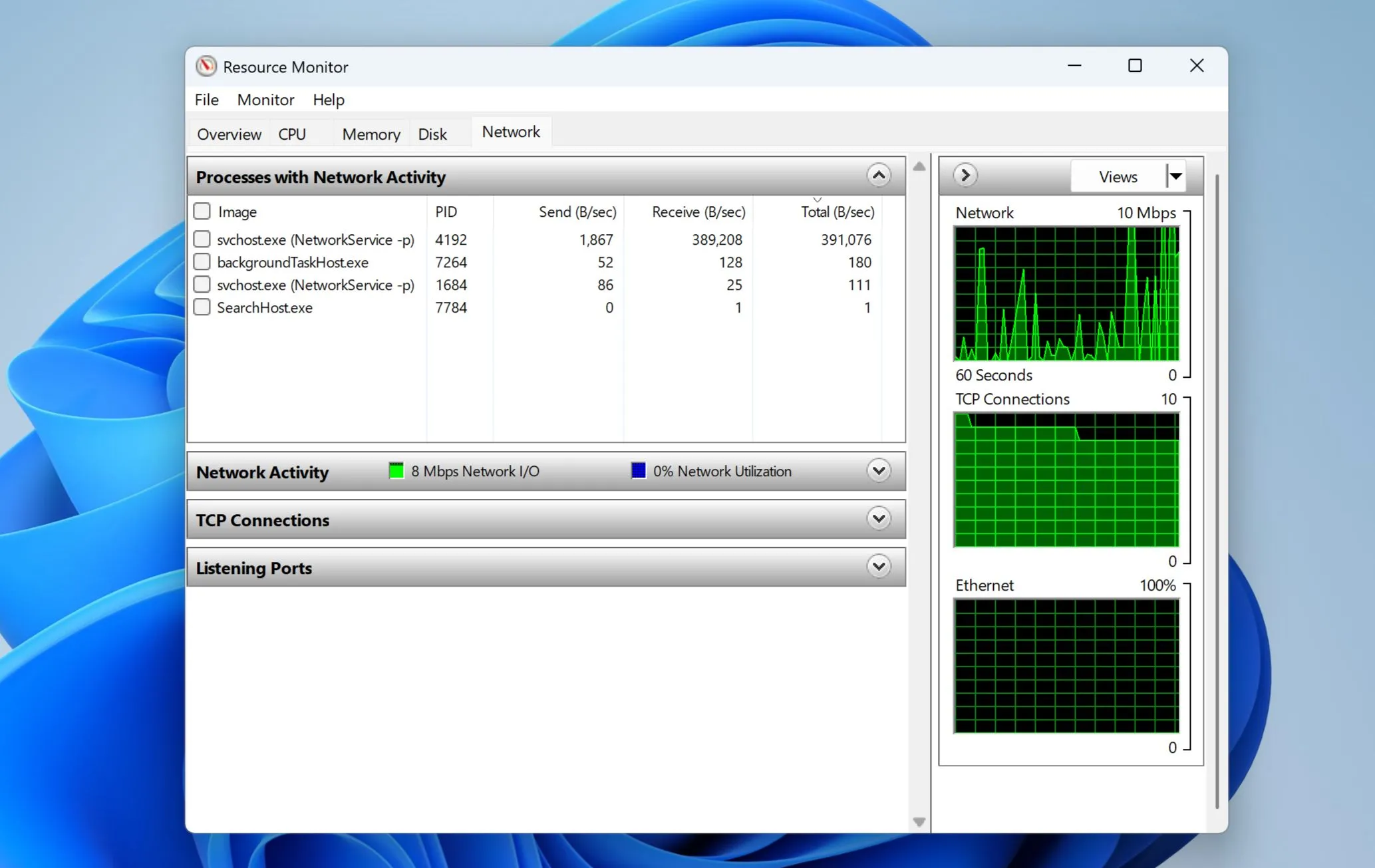 Giao diện Resource Monitor trên Windows 11 hiển thị mức sử dụng mạng, phân tích tài nguyên CPU, bộ nhớ và ổ đĩa của các tiến trình đang chạy.