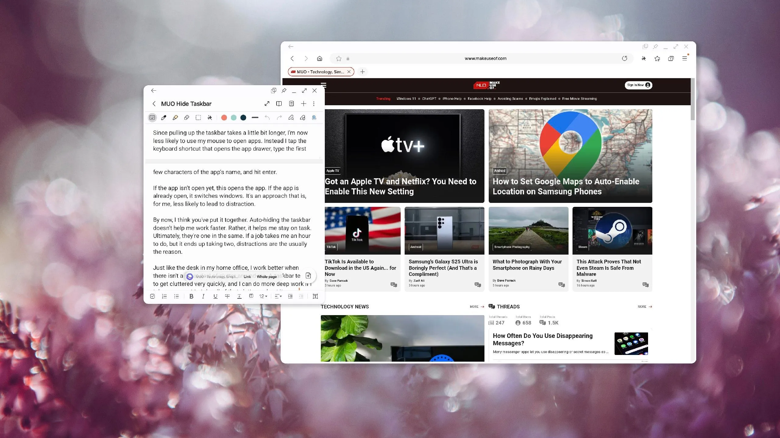 Giao diện Samsung DeX với nhiều ứng dụng đa nhiệm trên màn hình ngoài lớn, minh họa khả năng làm việc như máy tính để bàn.