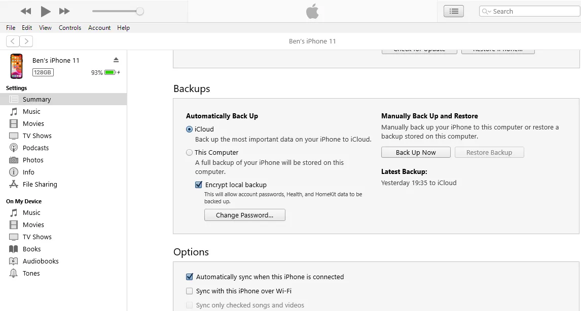 Giao diện sao lưu iPhone vào iTunes hoặc Finder