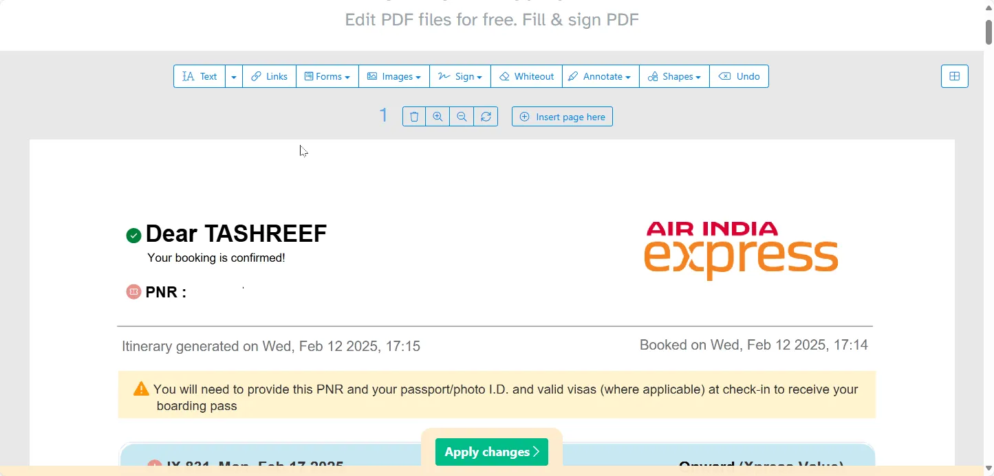 Giao diện Sejda PDF Editor trực tuyến hiển thị các công cụ chỉnh sửa văn bản và hình ảnh trong tài liệu PDF, với khả năng giữ nguyên font chữ.