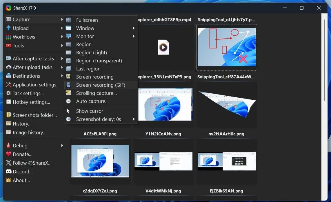 Giao diện ShareX trên Windows với các tùy chọn chụp màn hình đa dạng như chụp cuộn, ghi GIF và chụp theo vùng.