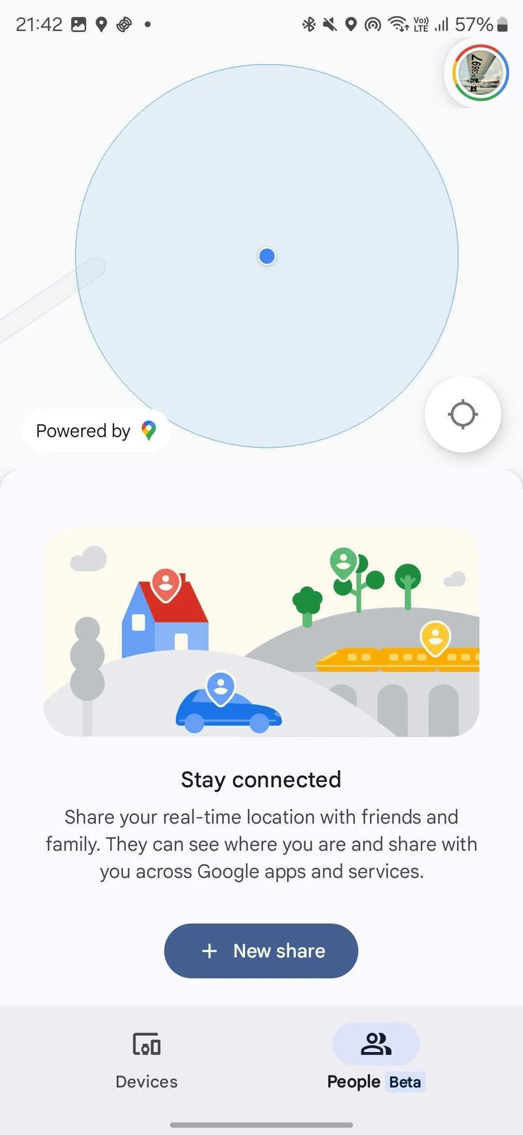 Giao diện tab People (Beta) trong ứng dụng Google Find My Device để chia sẻ vị trí
