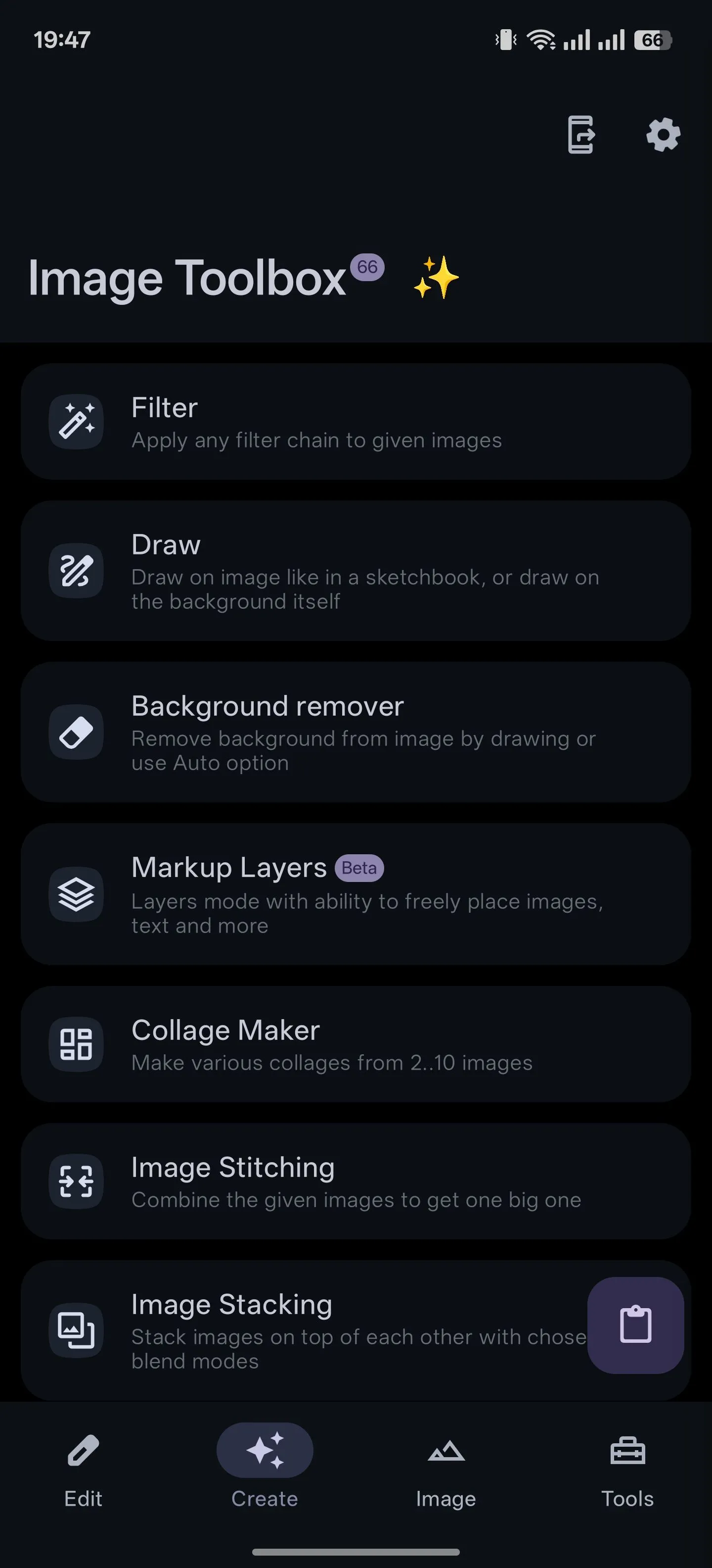 Giao diện tab &quot;Tạo&quot; trong ứng dụng Image Toolbox trên Android, minh họa các tùy chọn xử lý hình ảnh.