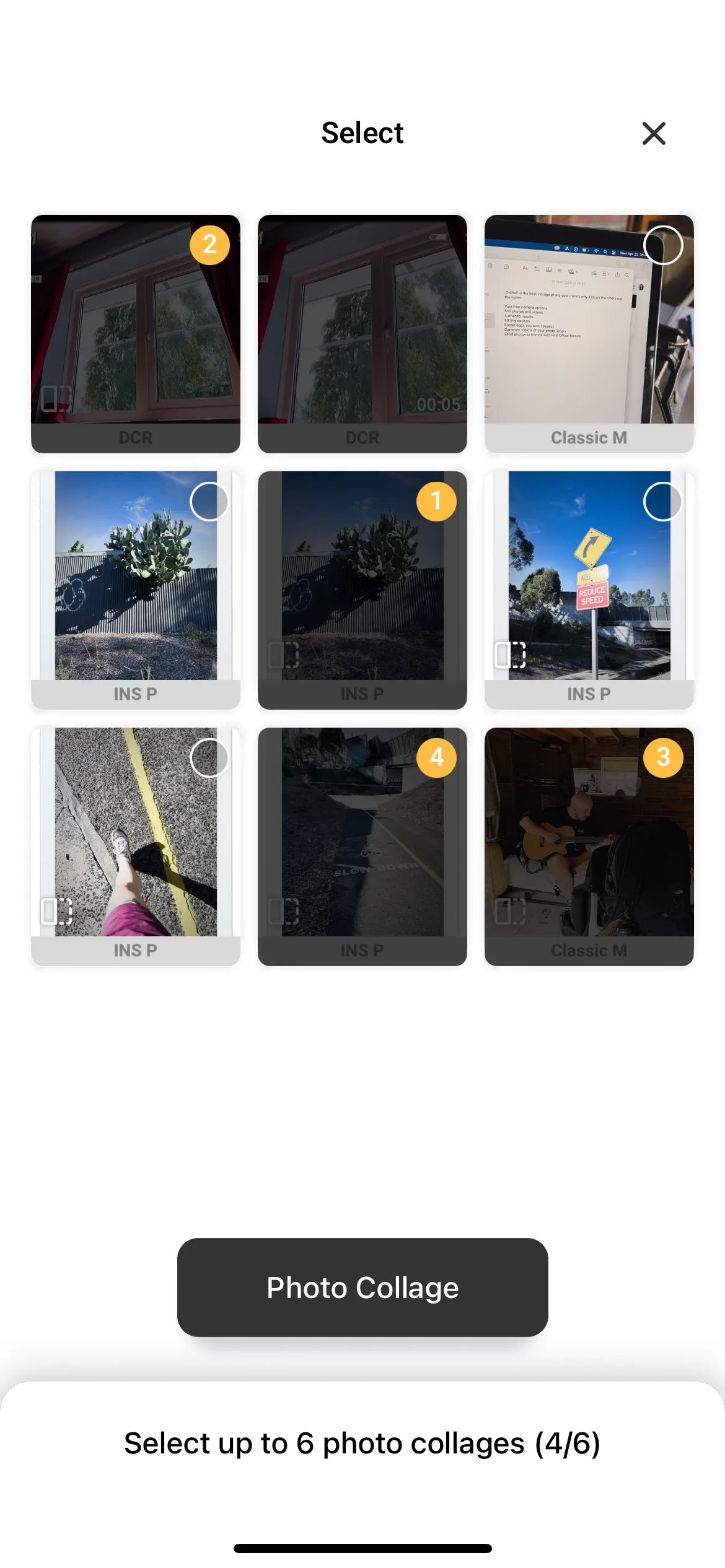 Giao diện tạo ảnh ghép (collage) trong OldRoll, cho phép kết hợp nhiều bức ảnh film thành một bố cục.