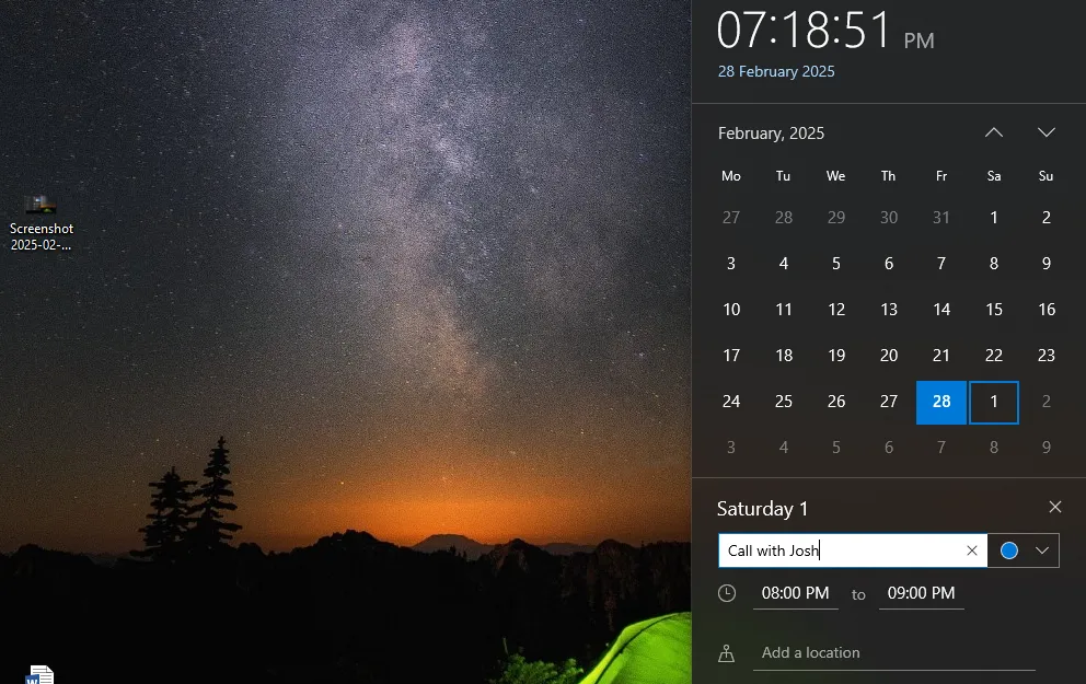 Giao diện thêm sự kiện trực tiếp từ lịch trên thanh tác vụ Windows 10