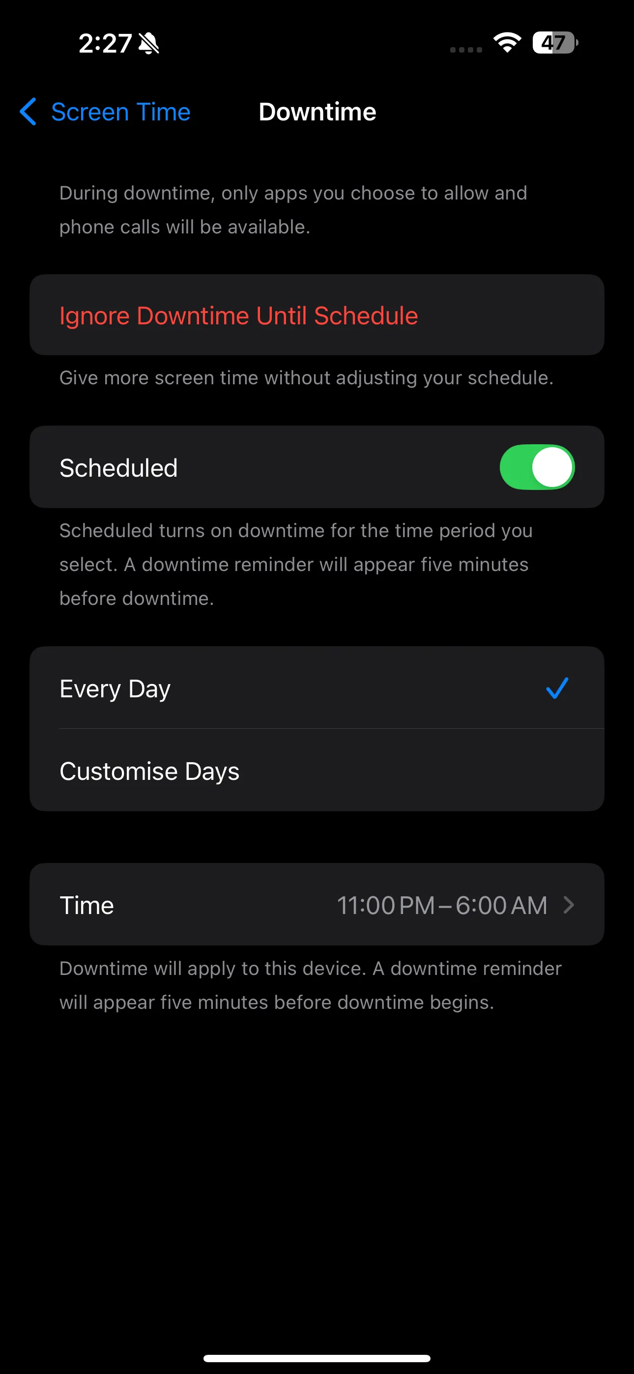 Giao diện thiết lập tính năng Thời gian ngừng nghỉ (Downtime) trong cài đặt Screen Time của iPhone.