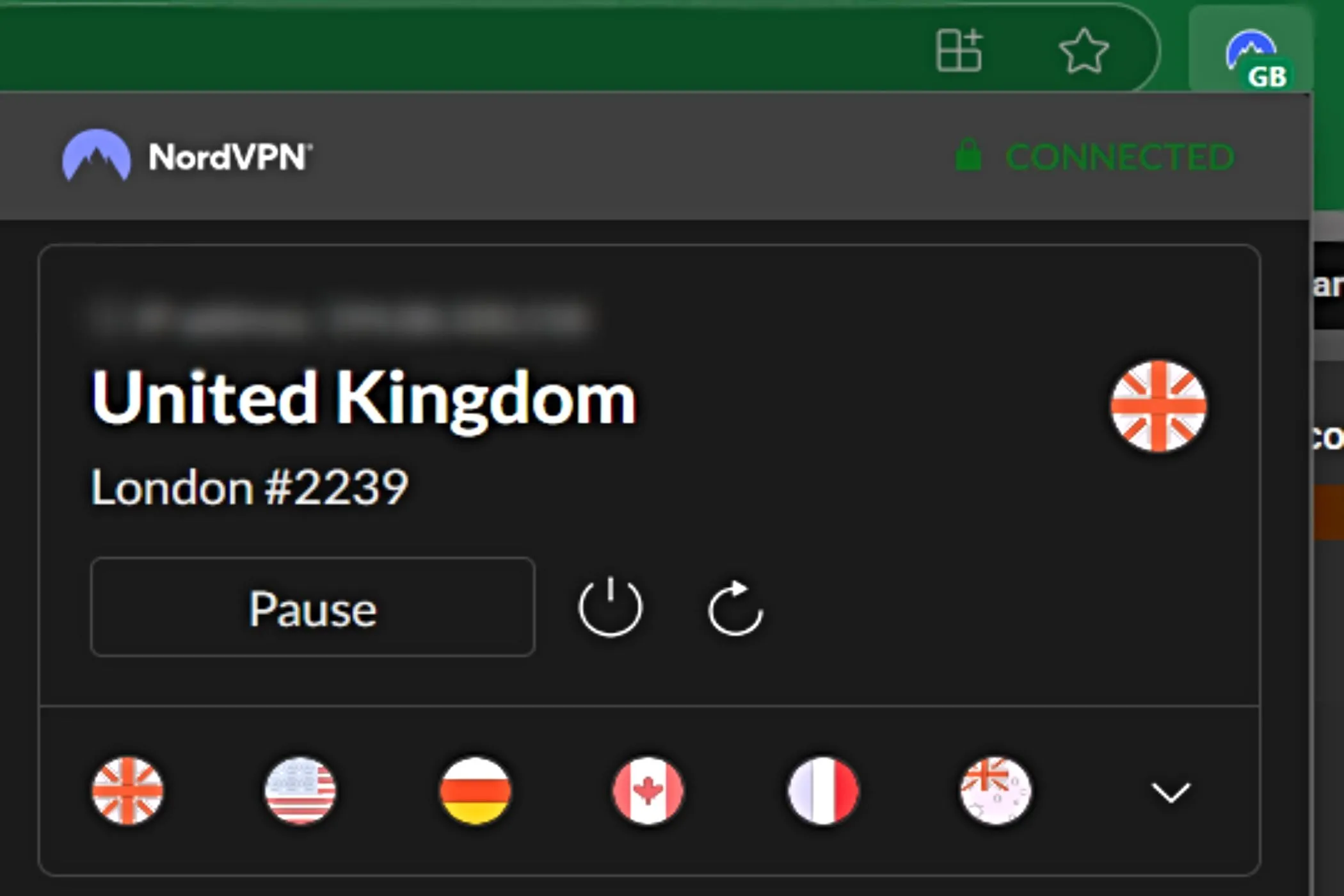 Giao diện tiện ích mở rộng NordVPN trên trình duyệt Microsoft Edge