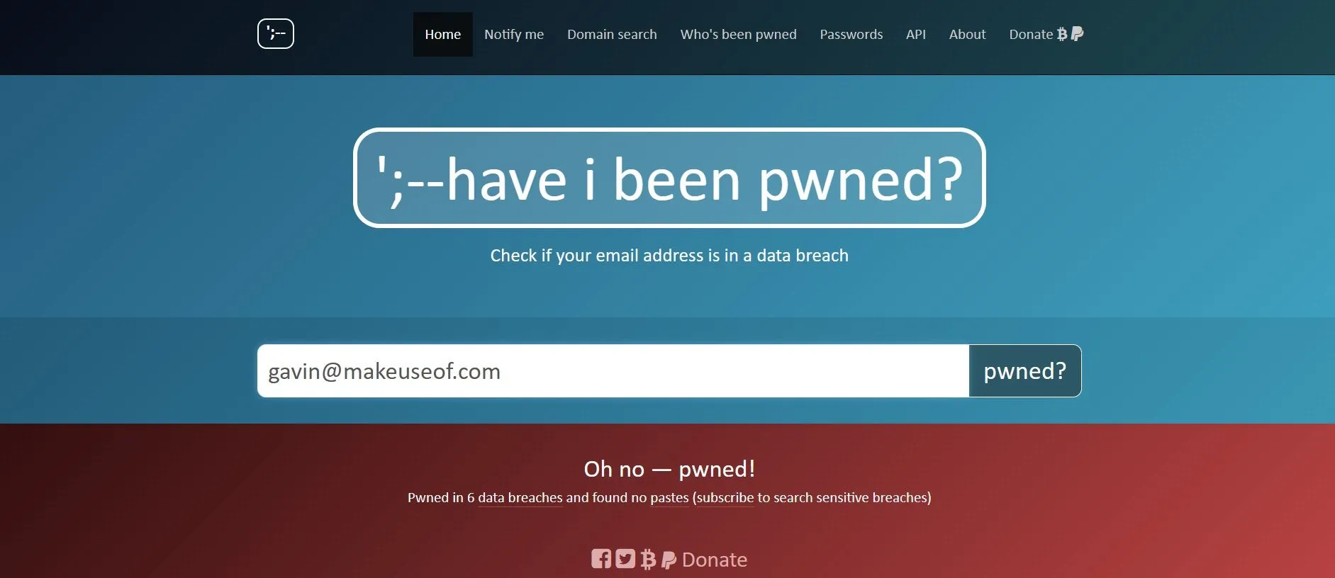 Giao diện tìm kiếm và kết quả trên Have I Been Pwned kiểm tra mật khẩu bị rò rỉ