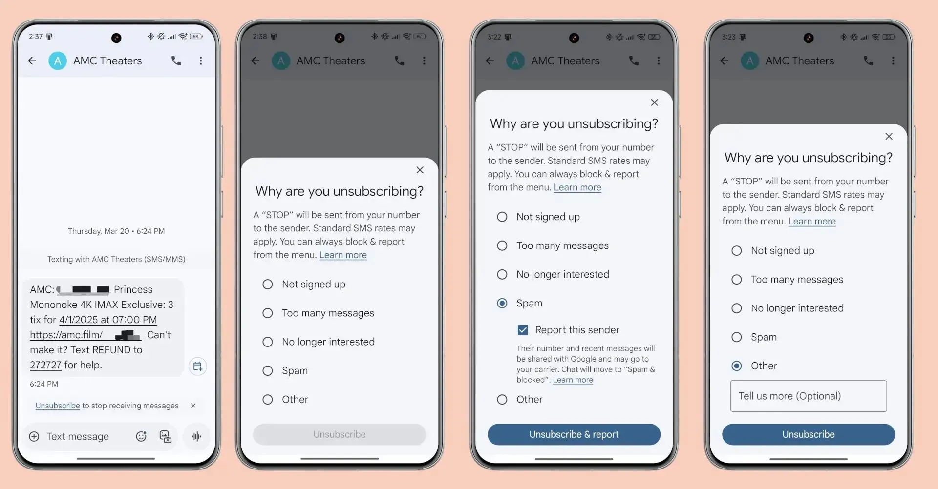 Giao diện tính năng hủy đăng ký tin nhắn tự động trong Google Messages